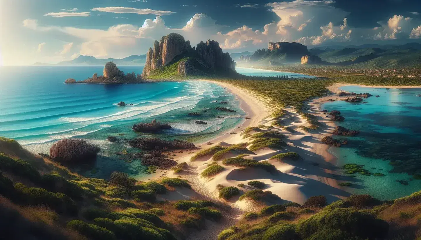 Costa italiana con mare cristallino, spiaggia sabbiosa, dune, vegetazione mediterranea e cielo azzurro senza presenza umana.