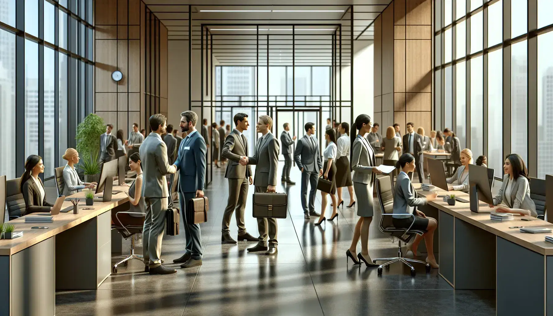 Diverse business professionals shaking hands in a well-lit office with colleagues working and collaborating in the background.