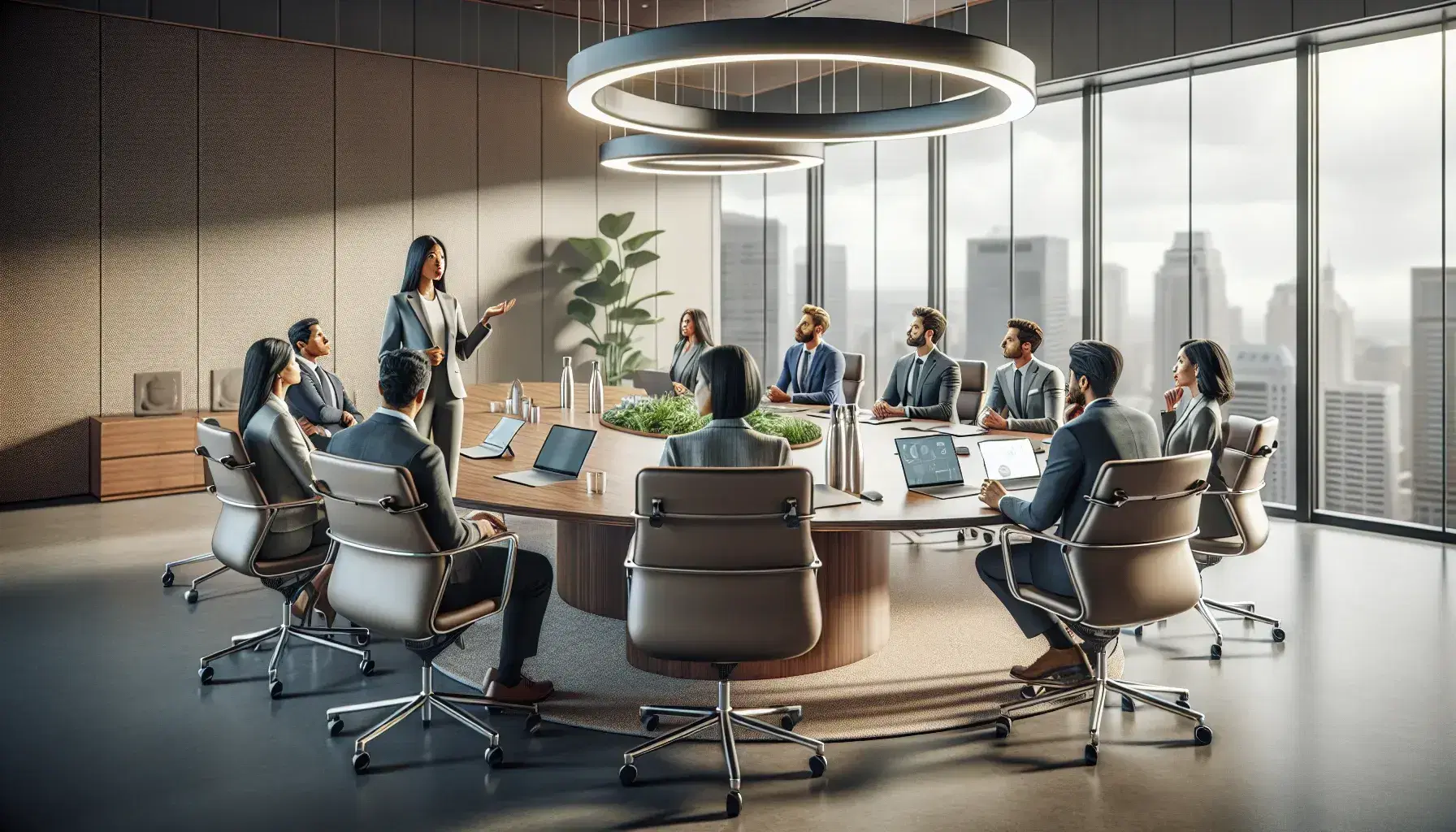 Modern office environment with multi-ethnic group of professionals around oval table, Asian woman standing explains, natural light and plants.