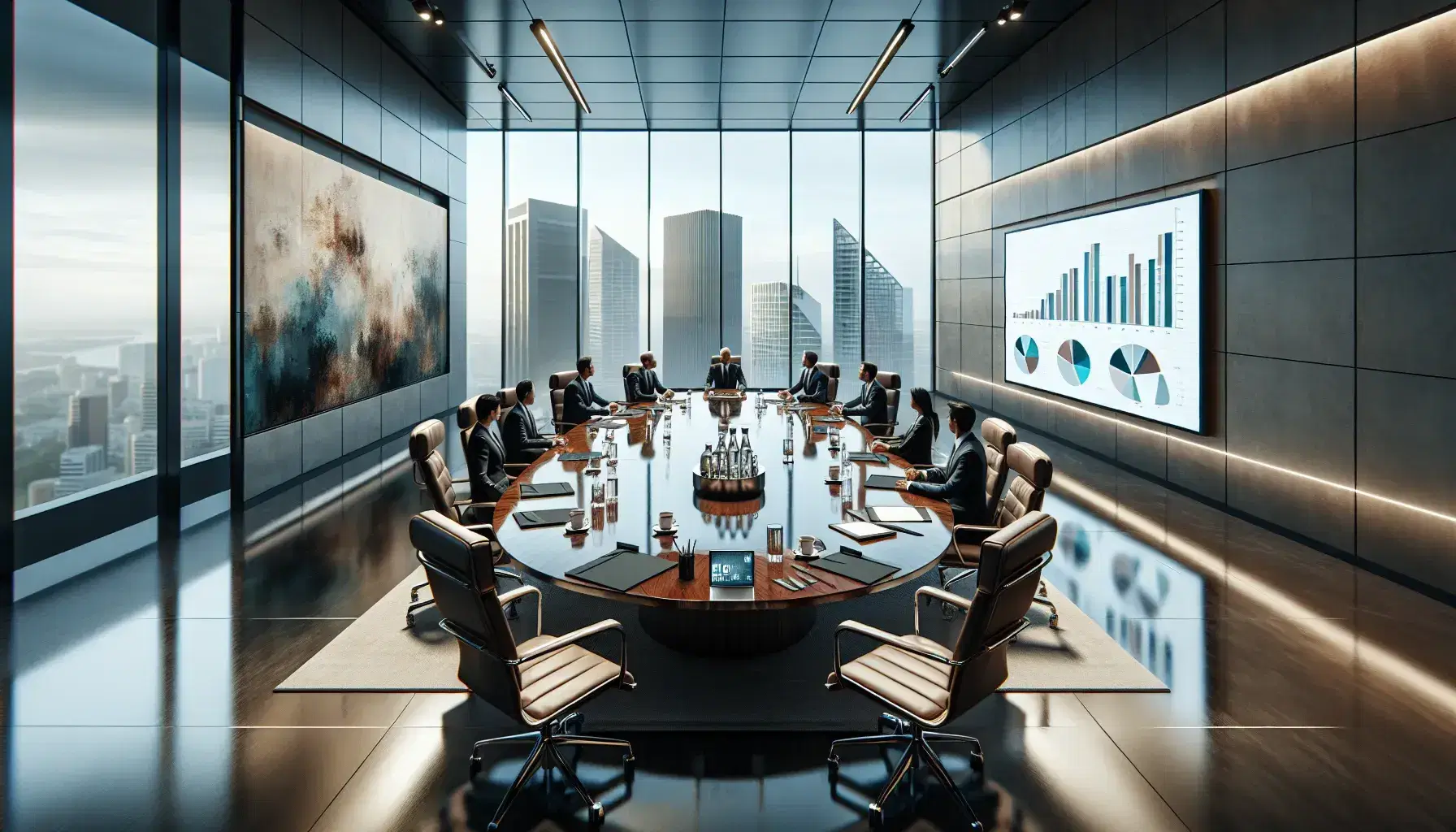 Modern boardroom with oval wooden table, high-back chairs, individuals in business attire, digital devices, abstract art, and city view through floor-to-ceiling windows.