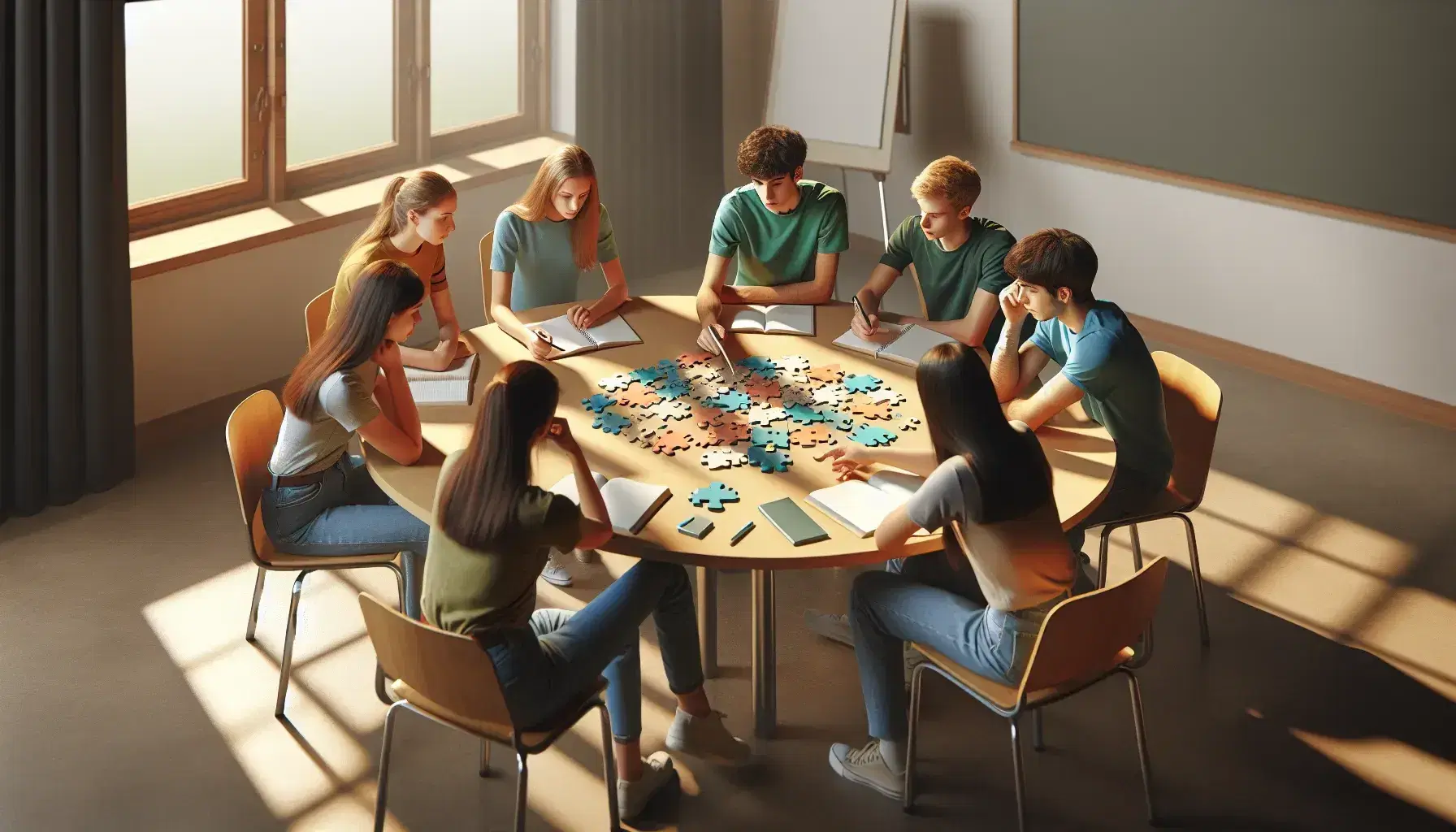 Estudiantes multiculturales colaborando en la construcción de un rompecabezas 3D sobre una mesa redonda, con cuadernos y luz natural.