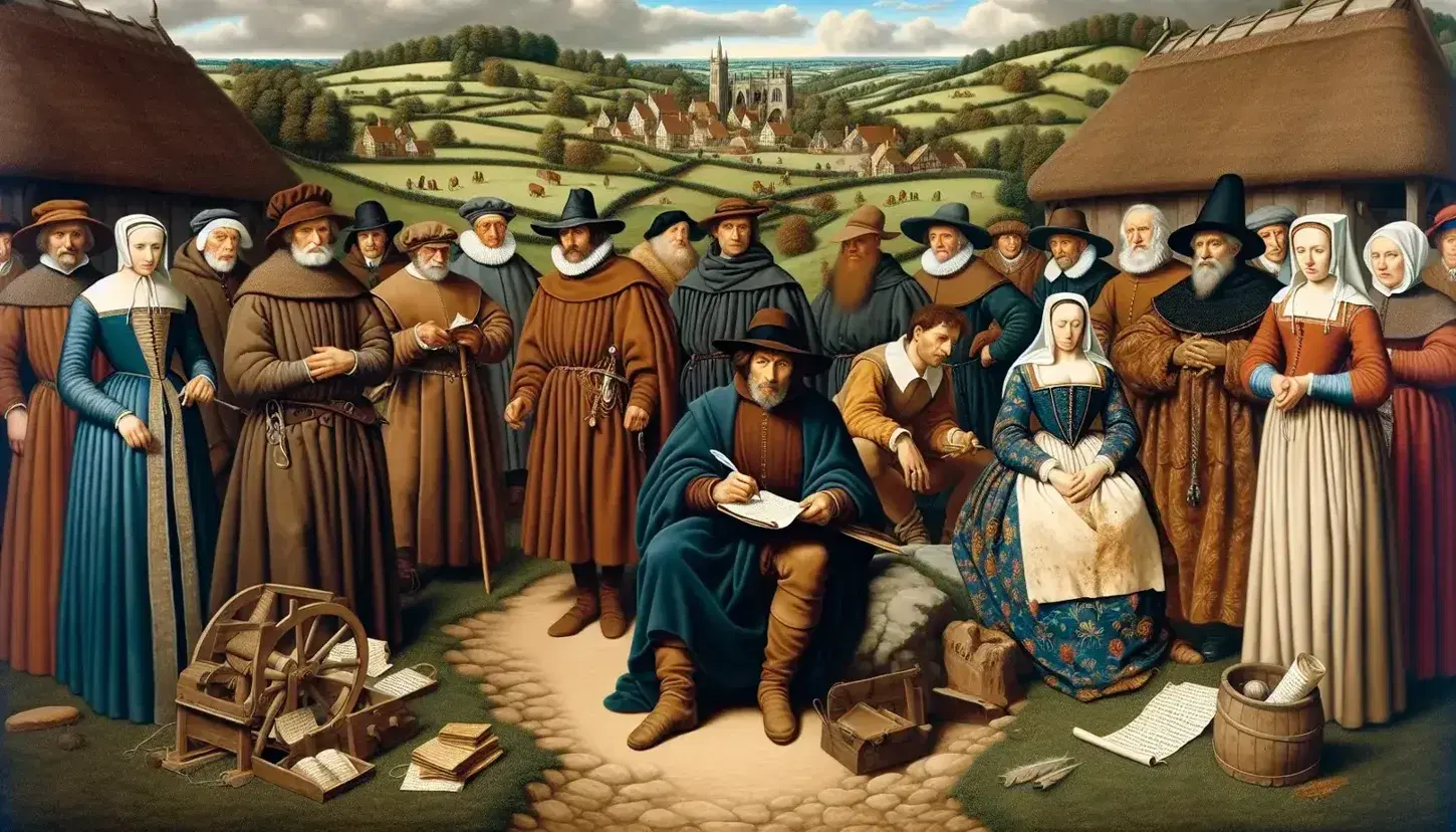 Rievocazione medievale con personaggi in costume, paesaggio campestre inglese del XIV secolo, uomo con pergamena e penna, cavaliere, frate e nobildonna.