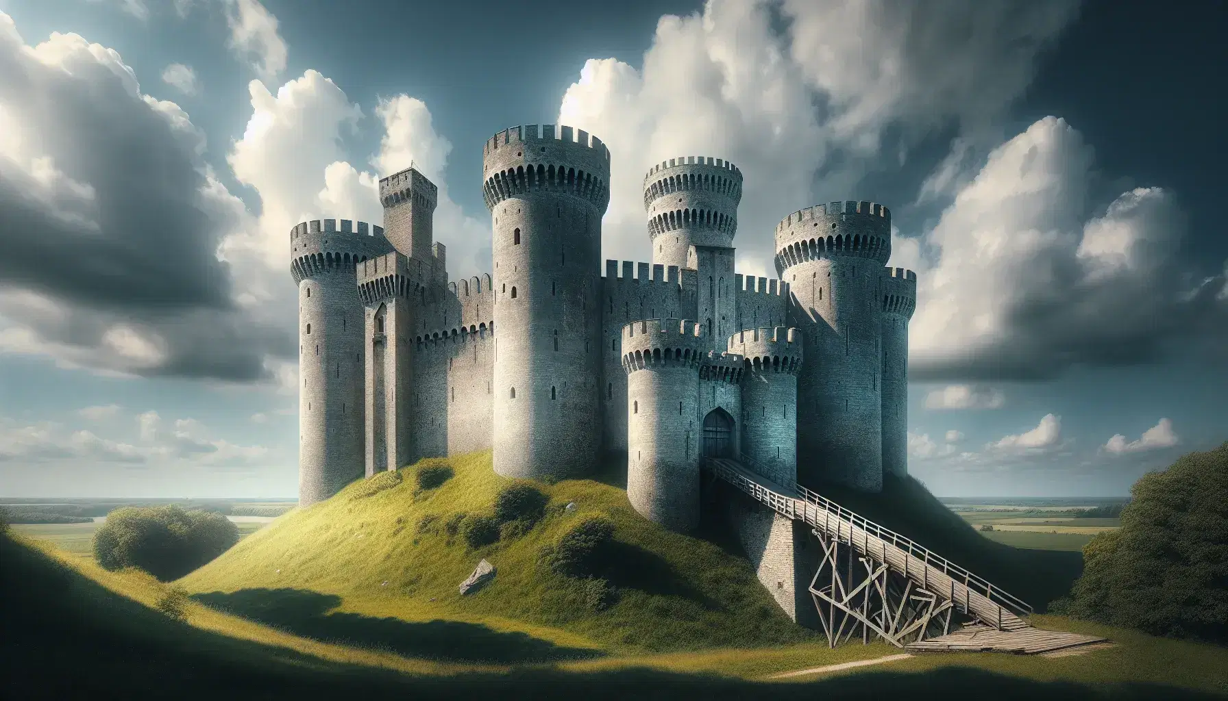 Castello medievale ben conservato su collina erbosa con torri cilindriche, merli a coda di rondine e ponte levatoio, sotto un cielo parzialmente nuvoloso.