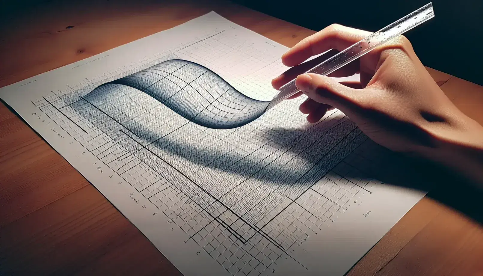 Hand holding a transparent ruler over a graph paper with a smooth, hand-drawn curve, on a wooden desk, with no text or symbols visible.