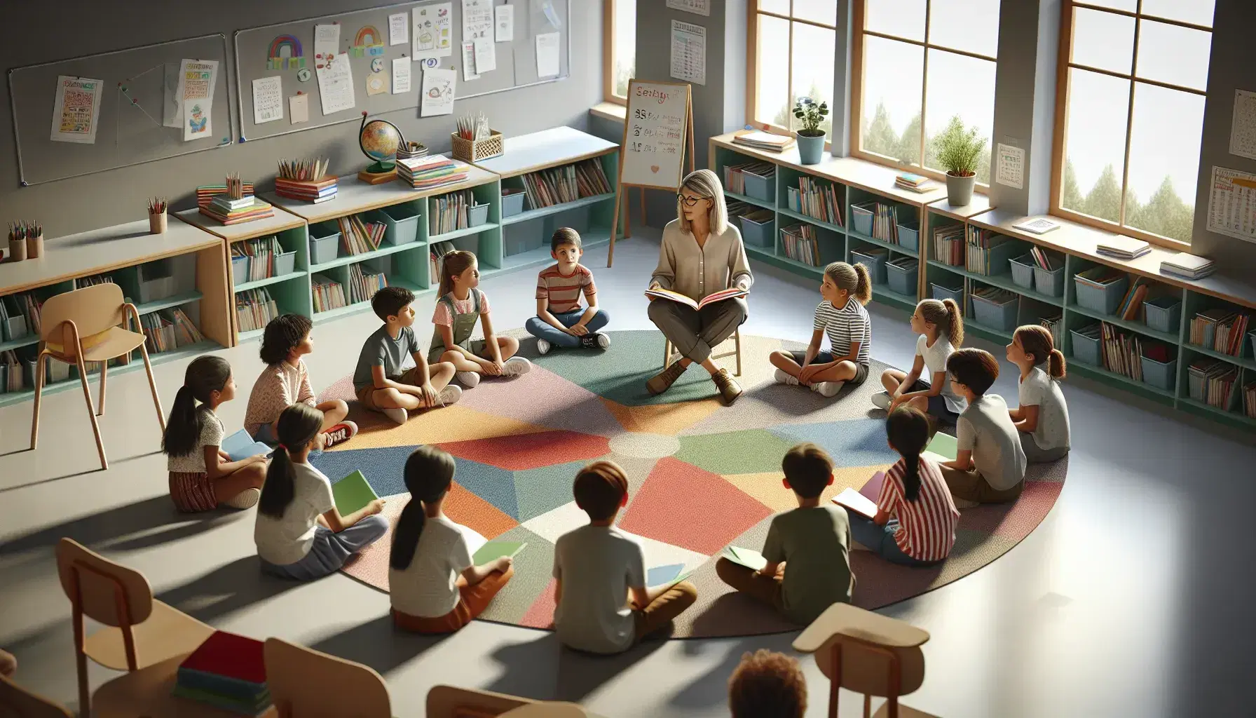Niños atentos escuchando a maestra leer un libro en aula escolar iluminada naturalmente, sentados en semicírculo sobre alfombra colorida.