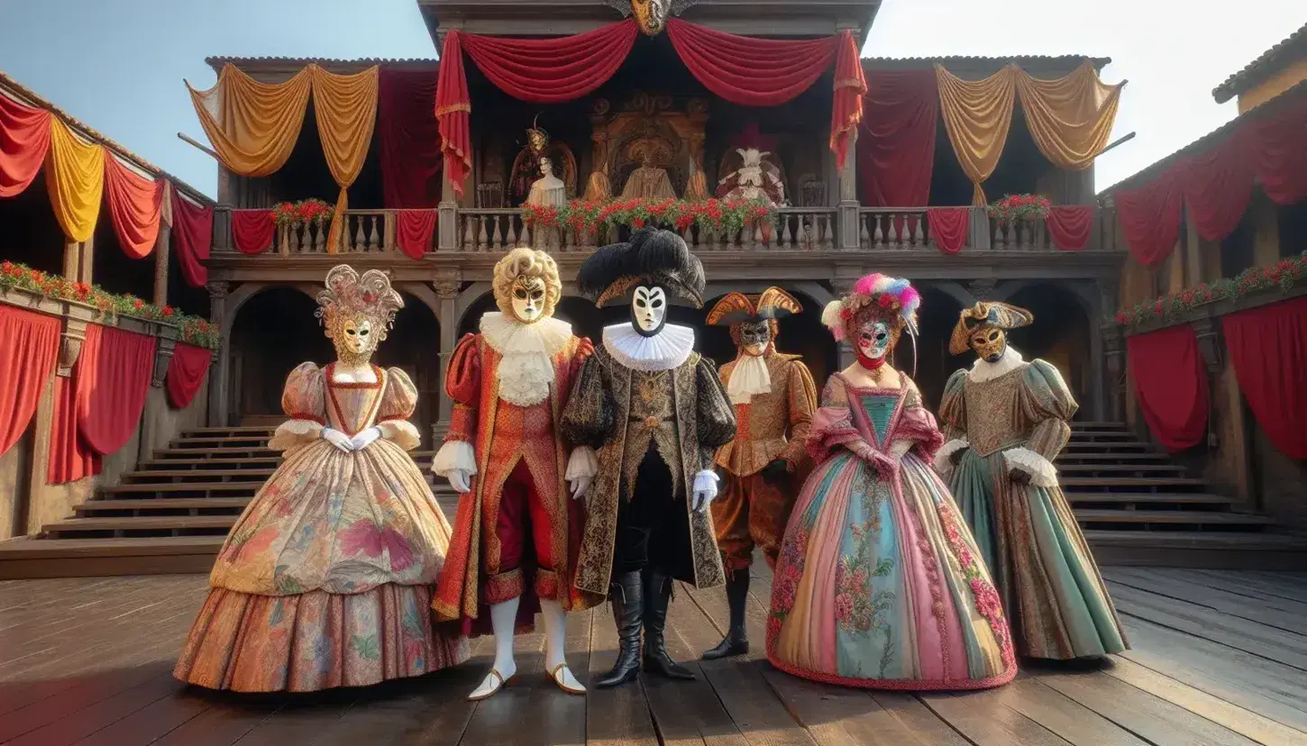 Attori in costume da Commedia dell'Arte su palco esterno, con Pantalone, Arlecchino e attrice, tra drappi e cielo sereno.