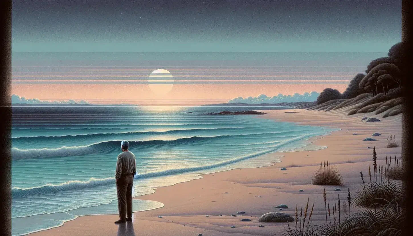 Twilight beach scene with waves on sandy shore, contemplative elderly man facing the ocean, and a white lighthouse with a red dome on rocky outcrop.