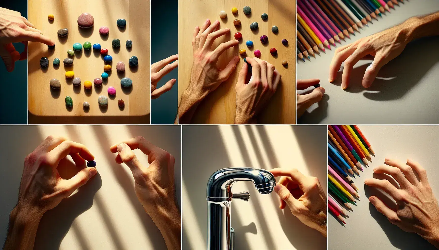 Mani di diverse età e tonalità della pelle ordinano pietre colorate, girano un rubinetto in acciaio e allineano matite colorate su sfondo sfocato.
