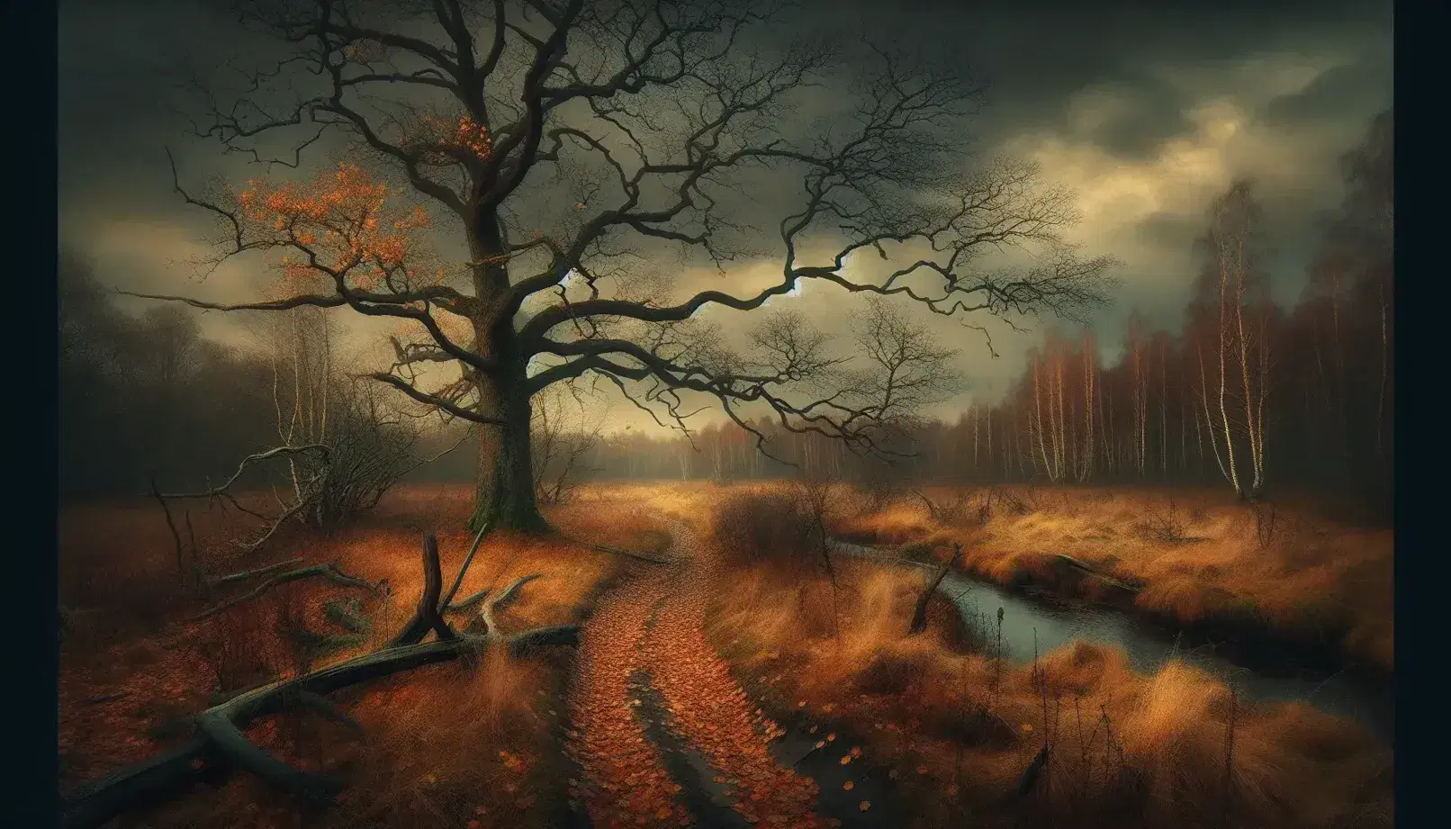 Paesaggio autunnale con albero spoglio, foglie cadute, ruscello sinuoso e sentiero terroso sotto un cielo nuvoloso.