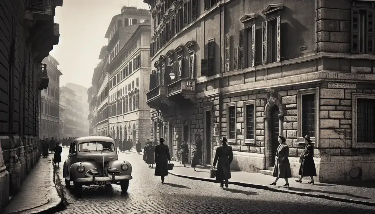 Scena quotidiana anni '40 su strada di Roma con auto d'epoca parcheggiata, passanti e architettura storica.