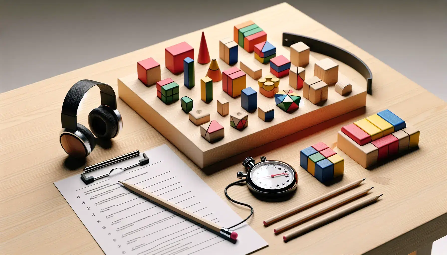 Mesa de madera clara con bloques de colores, cronómetro, auriculares, lápiz y hojas blancas para evaluación neuropsicológica.