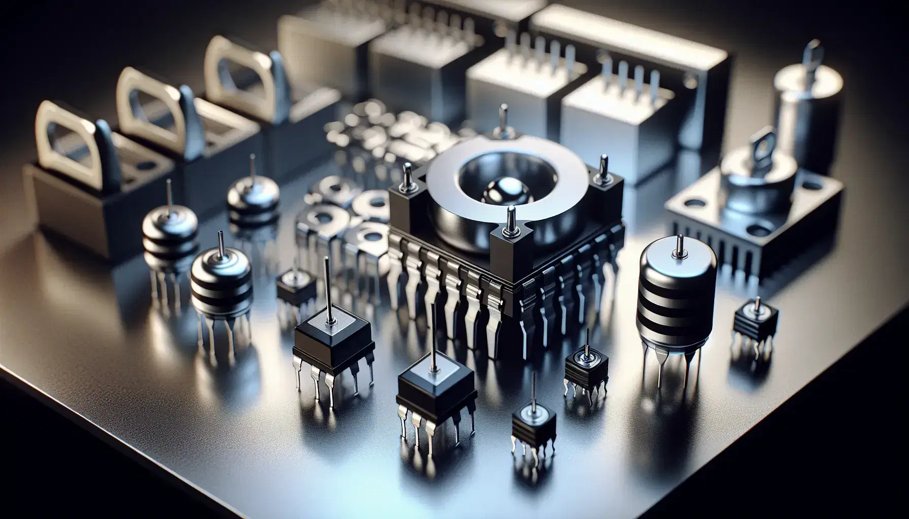 Semiconductores de potencia sobre superficie metálica con tiristor gris y disipador negro, transistor de potencia y módulos de diodos rectificadores.