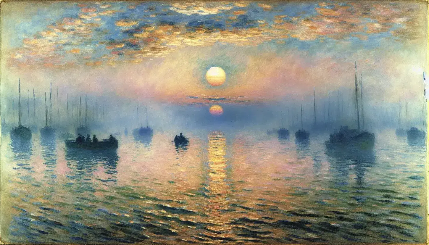 Dipinto 'Impressione, alba' di Monet con sole arancione riflesso sul mare, cielo sfumato e silhouette di barche.
