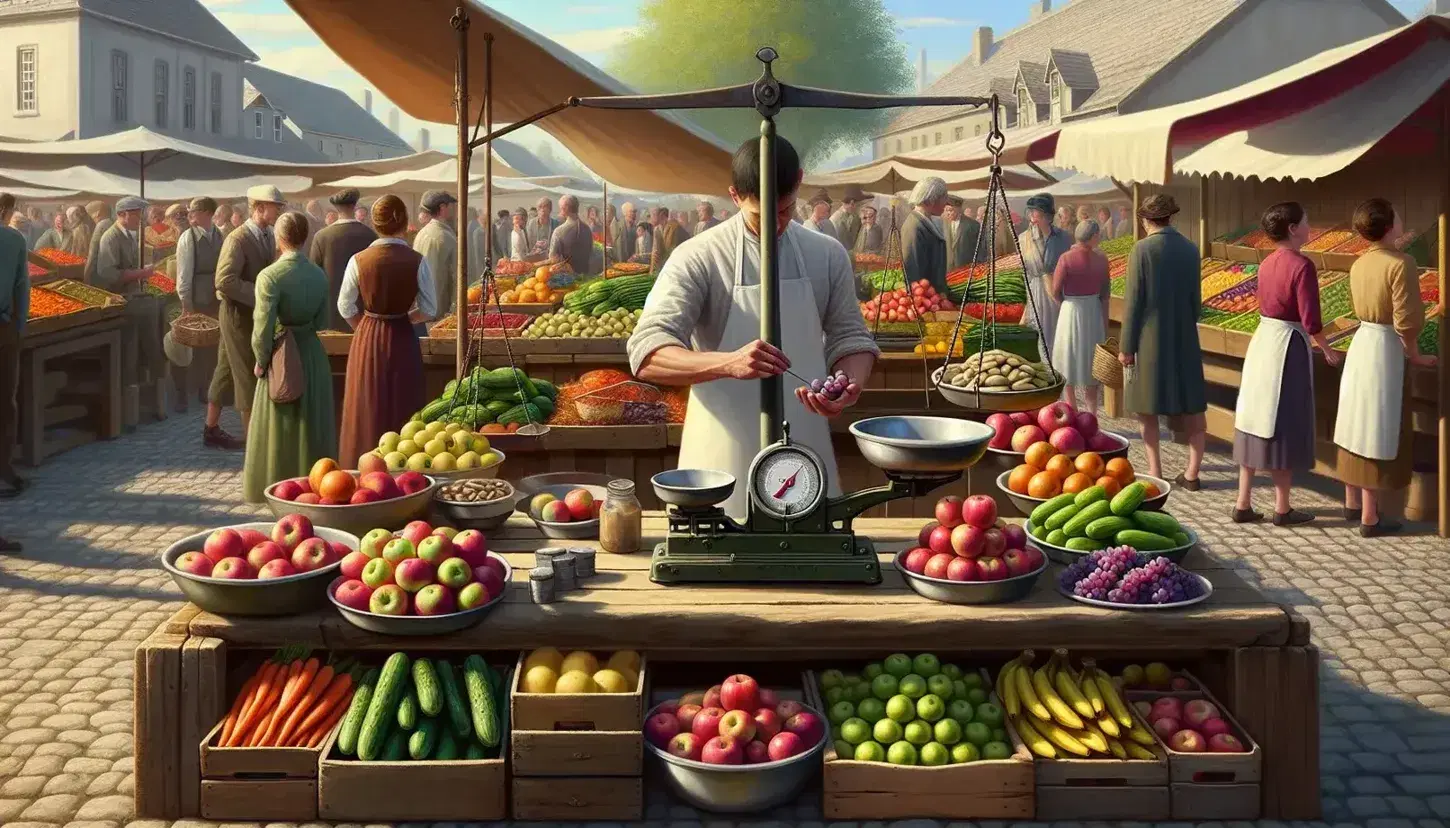 Bustling farmers market with vendor weighing purple grapes on a mechanical scale, amid colorful produce stacks and diverse shoppers examining fruits.