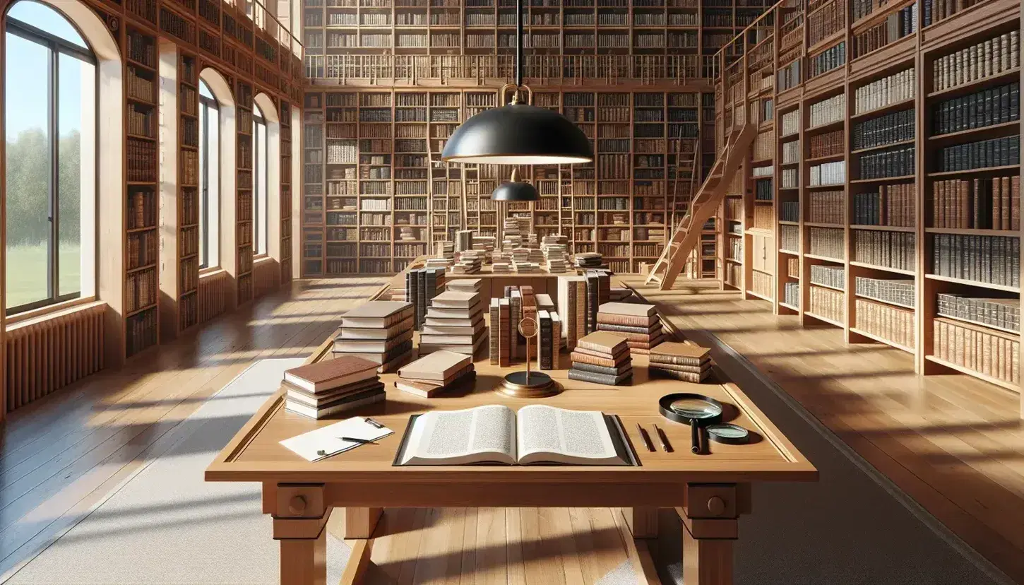 Biblioteca espaciosa con estanterías de madera llenas de libros, mesa central con libros abiertos, lupa y papel, bajo luz cálida y ventana con cielo azul.