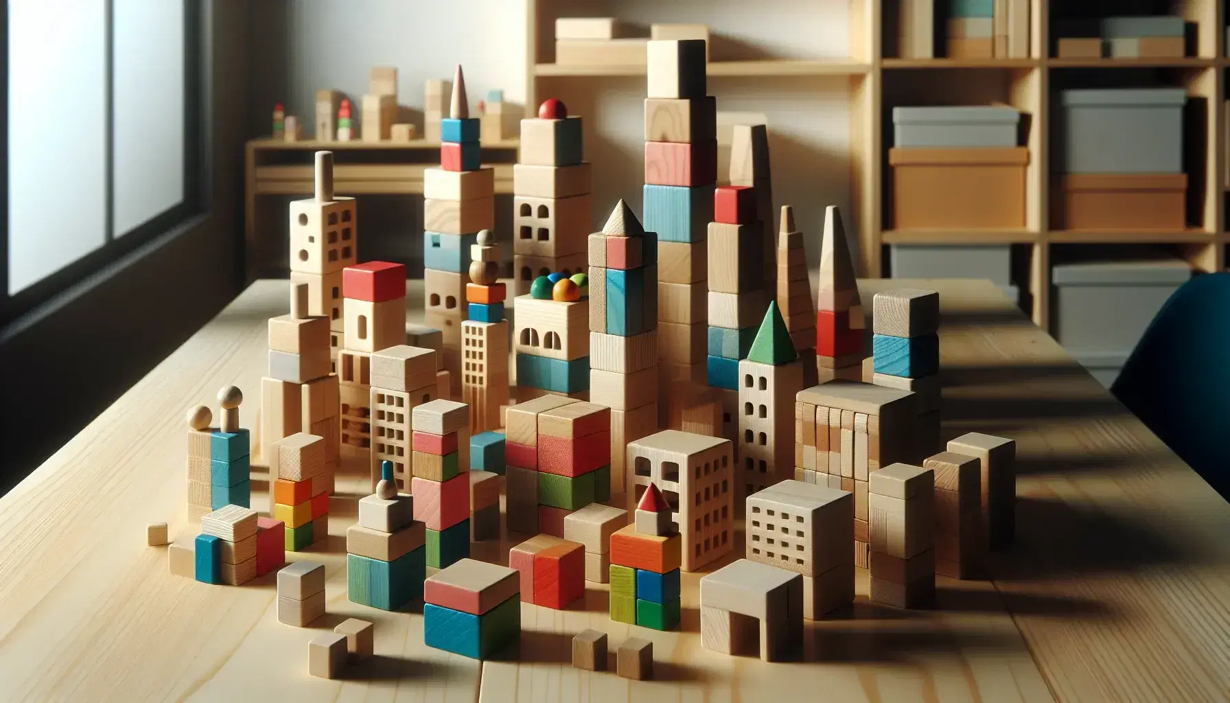 Bloques de madera de colores y formas geométricas apilados en una mesa creando una escena que simula un paisaje urbano, con iluminación suave y fondo desenfocado.