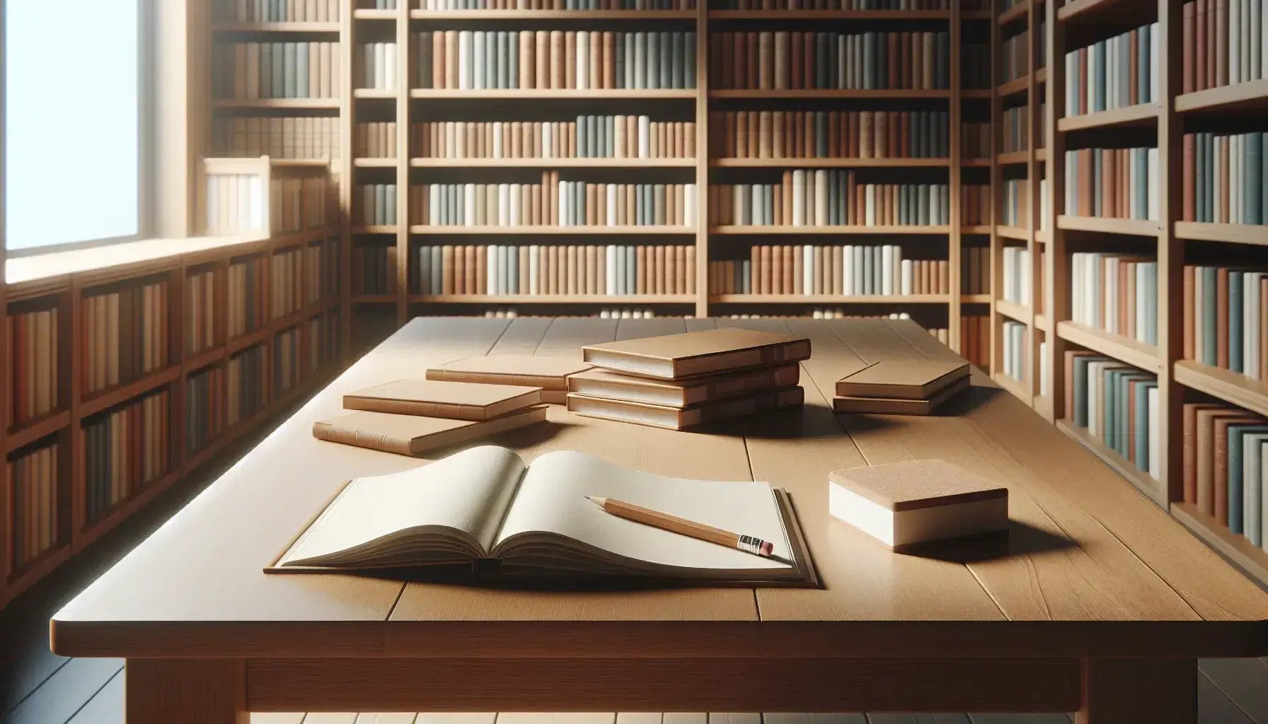 Mesa de madera con libro abierto, lápiz y hojas en biblioteca tranquila, estantes llenos de libros coloridos al fondo, iluminación suave.