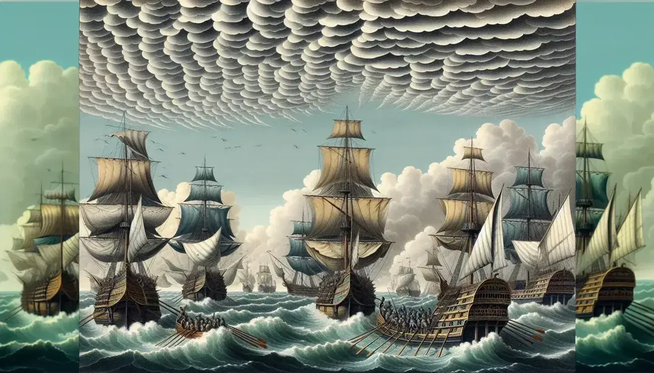 Navi in legno d'epoca con vele e remi si scontrano in mare mosso sotto cielo nuvoloso, scudi colorati e guerrieri armati a bordo.