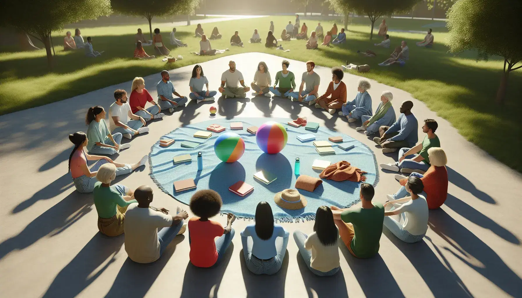 Grupo diverso de personas sentadas en círculo en un parque, con una manta y objetos en el centro, bajo un cielo despejado.