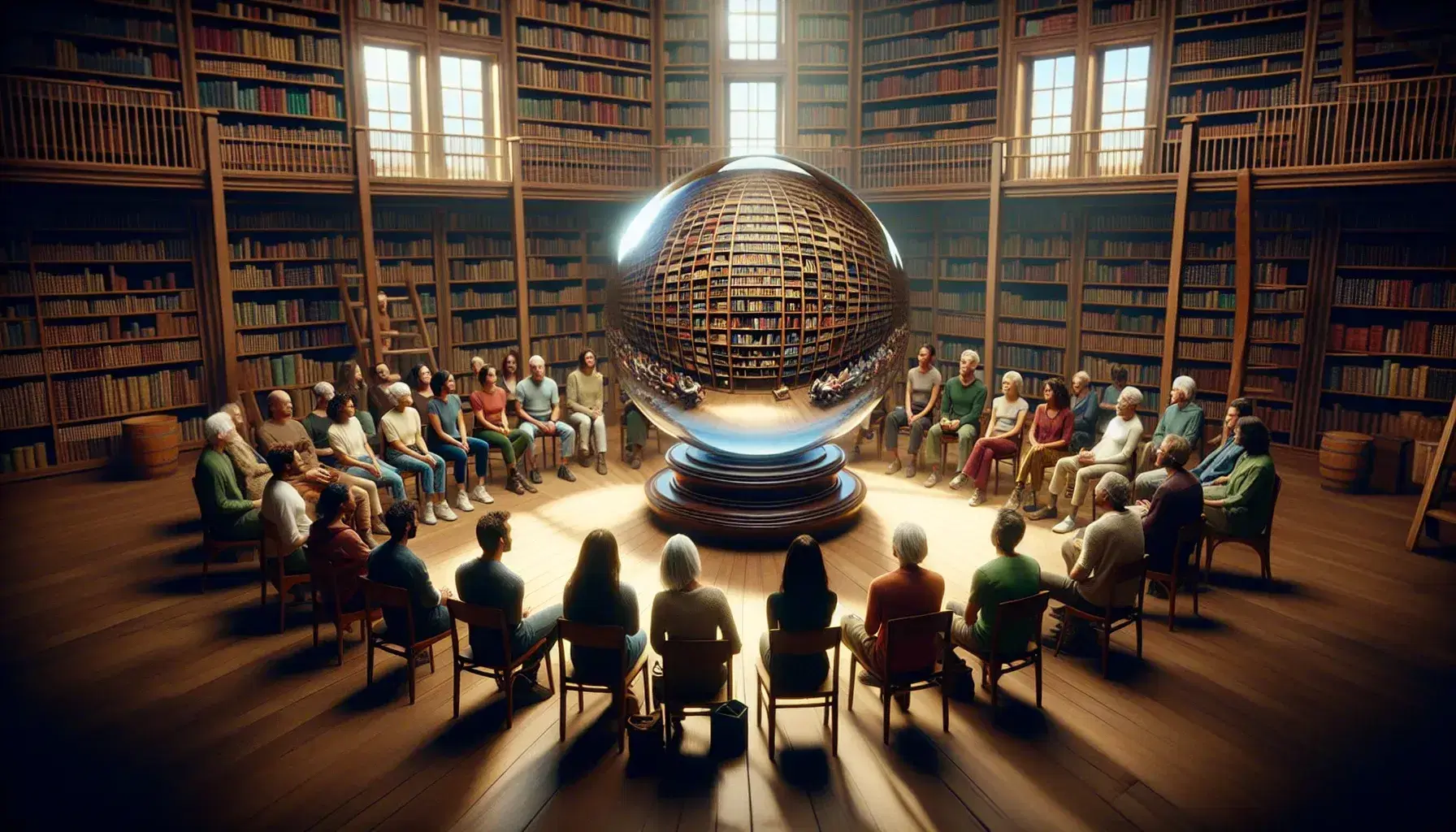 Grupo diverso de personas sentadas en círculo en una biblioteca dialogando alrededor de una esfera de cristal que refleja estantes de libros, con luz natural creando un ambiente sereno.