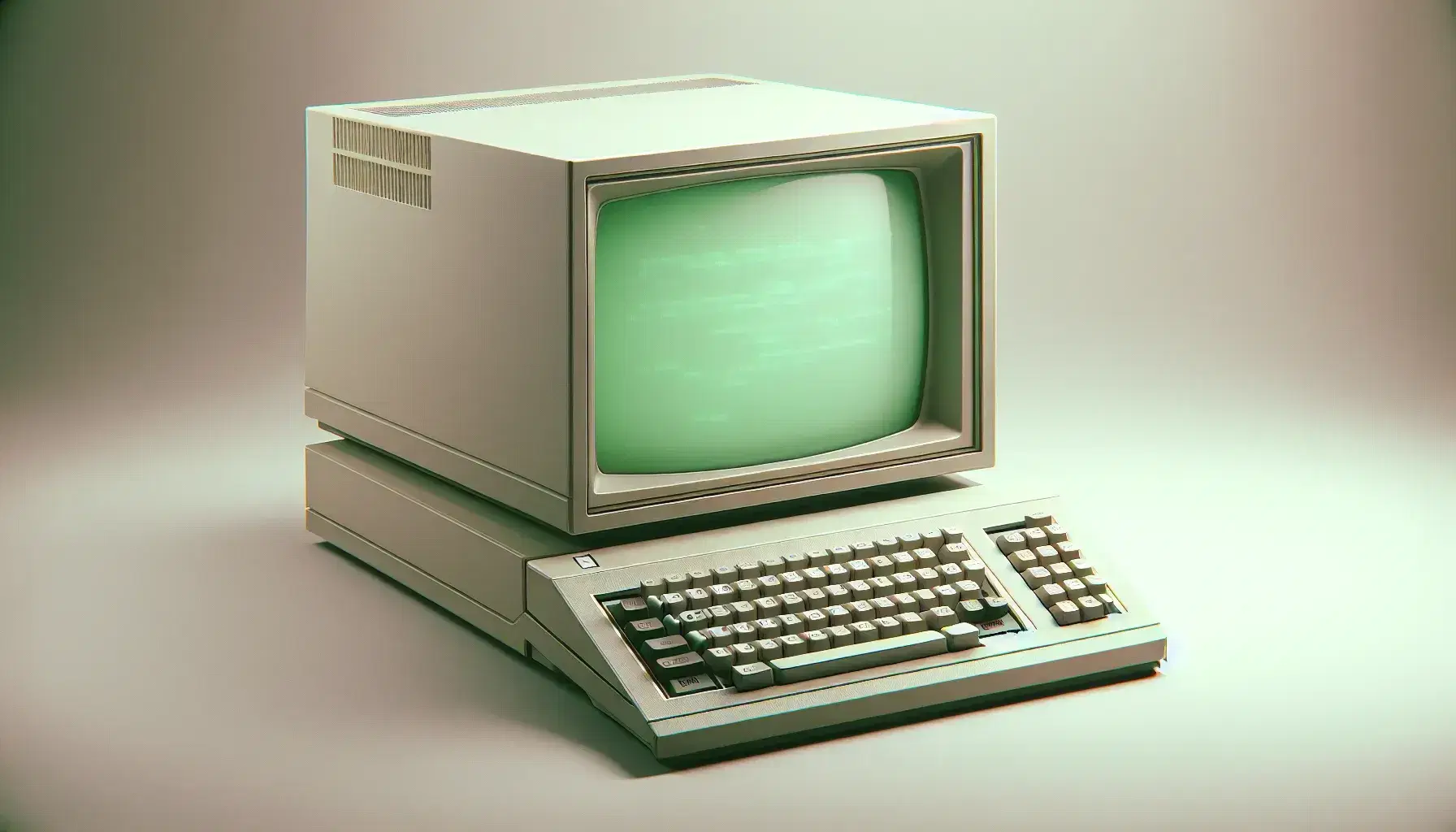 Vintage computer terminal with blank glowing green phosphor screen, detailed keyboard without symbols, 70s-80s style.