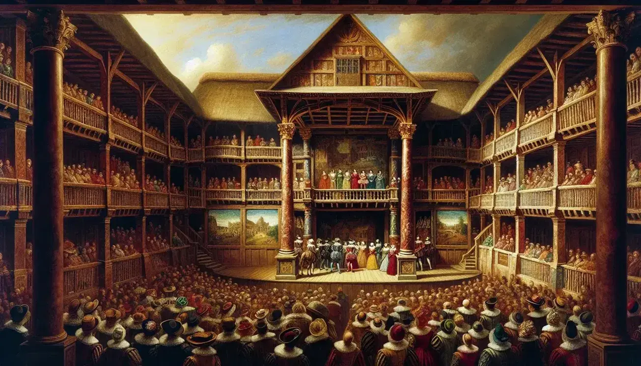 Spettacolo in corso al Globe Theatre elisabettiano con attori in costume su palco classico e pubblico variopinto su più livelli sotto cielo azzurro.