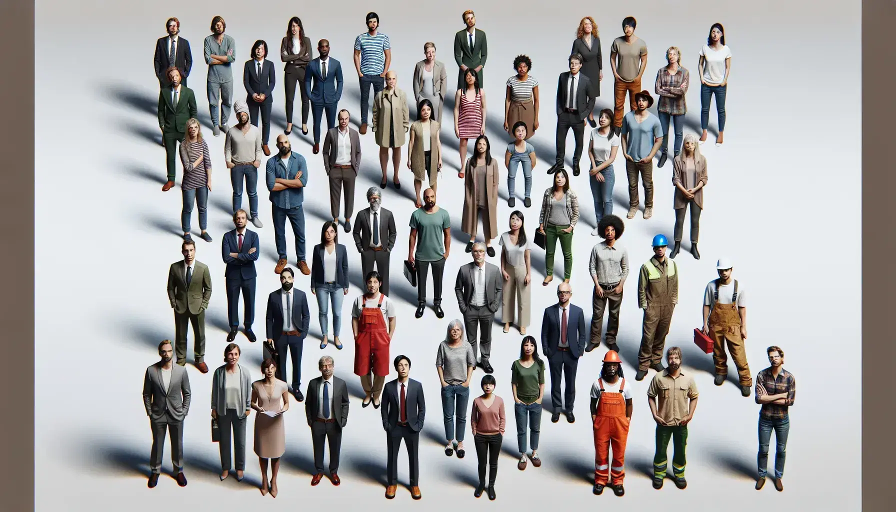 Grupo diverso de personas de distintas edades y etnias en semi-círculo, con vestimenta variada desde trajes de negocios hasta ropa casual y de trabajo.