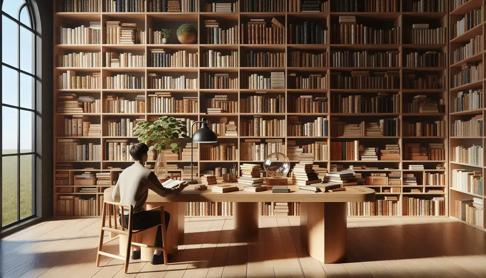 Biblioteca clásica con estanterías de madera llenas de libros, mesa con libros y lupa, persona leyendo y ventana con luz natural.