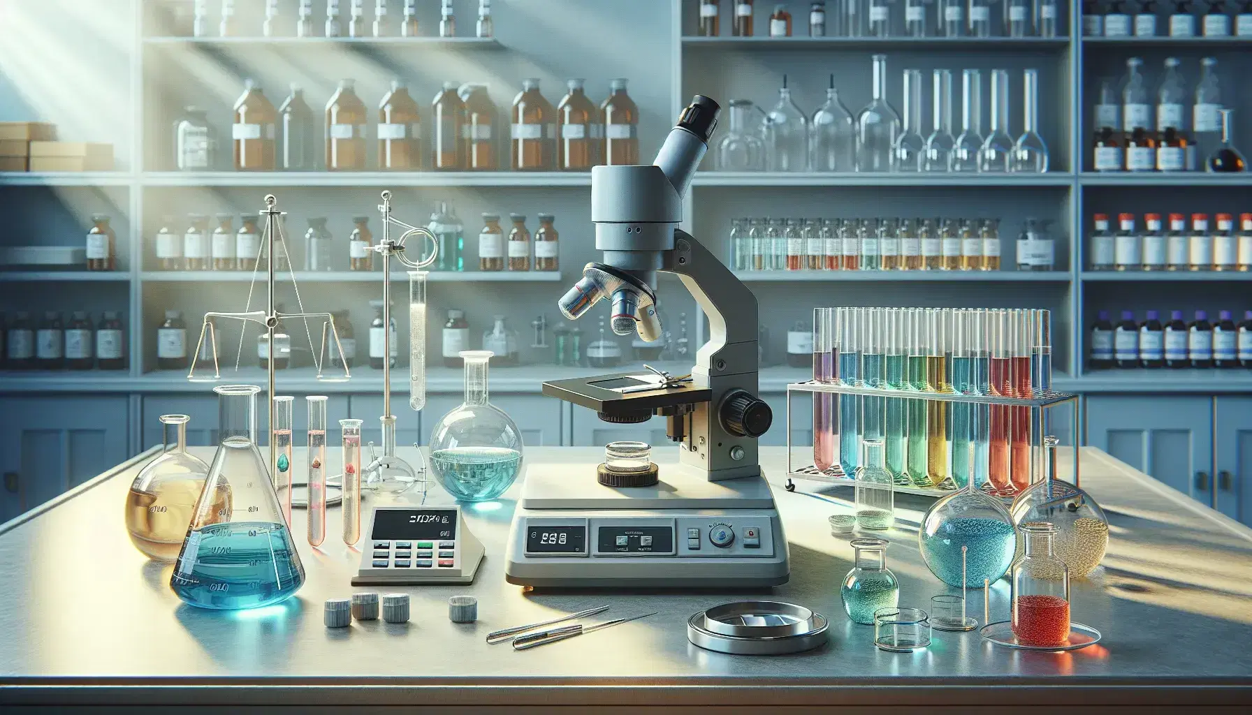 Laboratorio scientifico con microscopio elettronico, provette colorate, bilancia analitica e distillatore in funzione, scaffali con flaconi sullo sfondo.