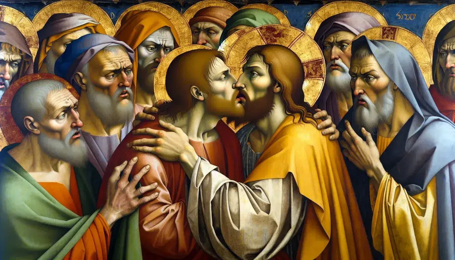 Affresco di Giotto 'Il Bacio di Giuda' con Judas in giallo che bacia Cristo tra figure sorprese, Scrovegni.