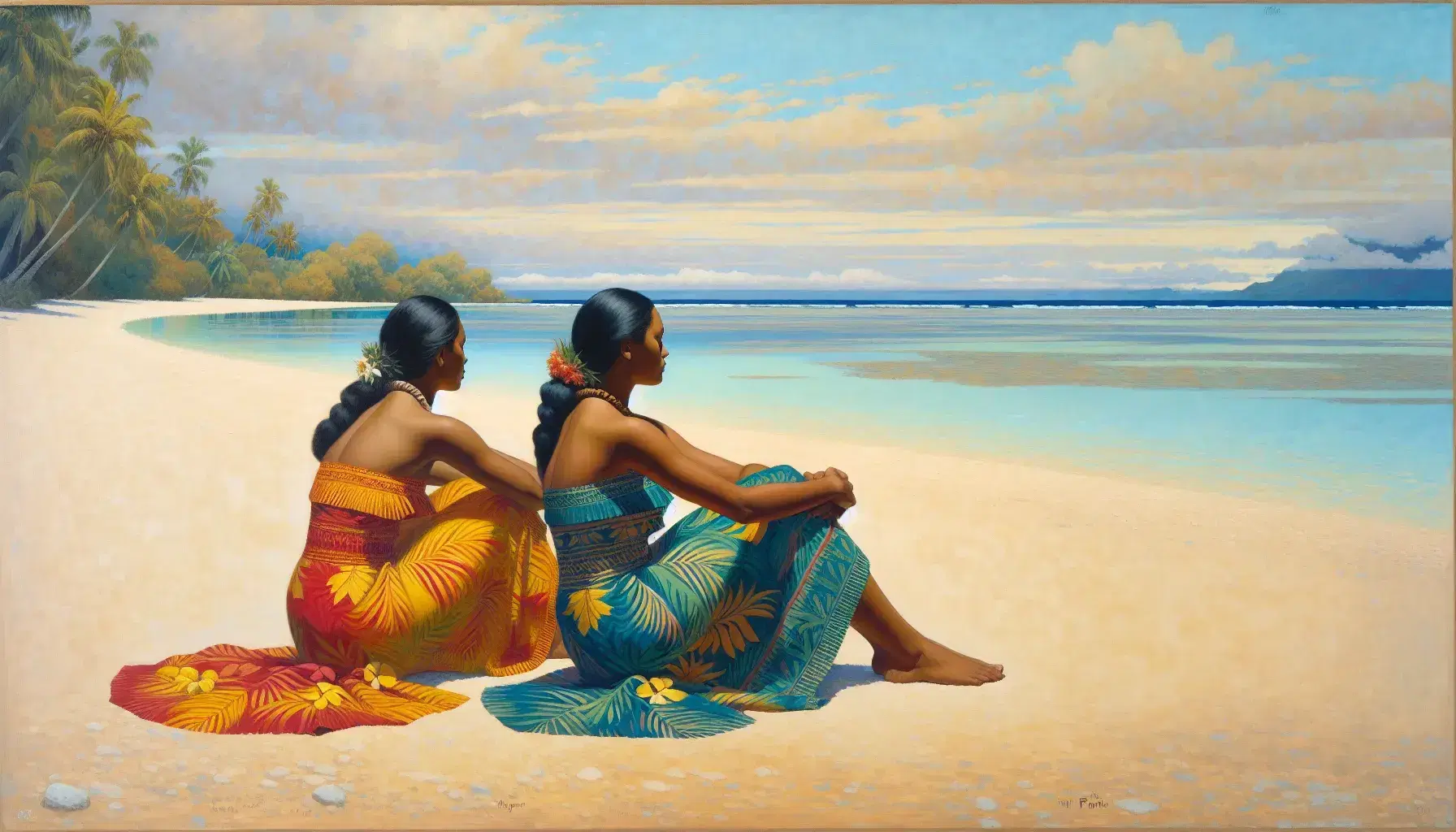 Due donne in abiti tahitiani colorati sedute su una spiaggia, con mare calmo e vegetazione tropicale sullo sfondo.