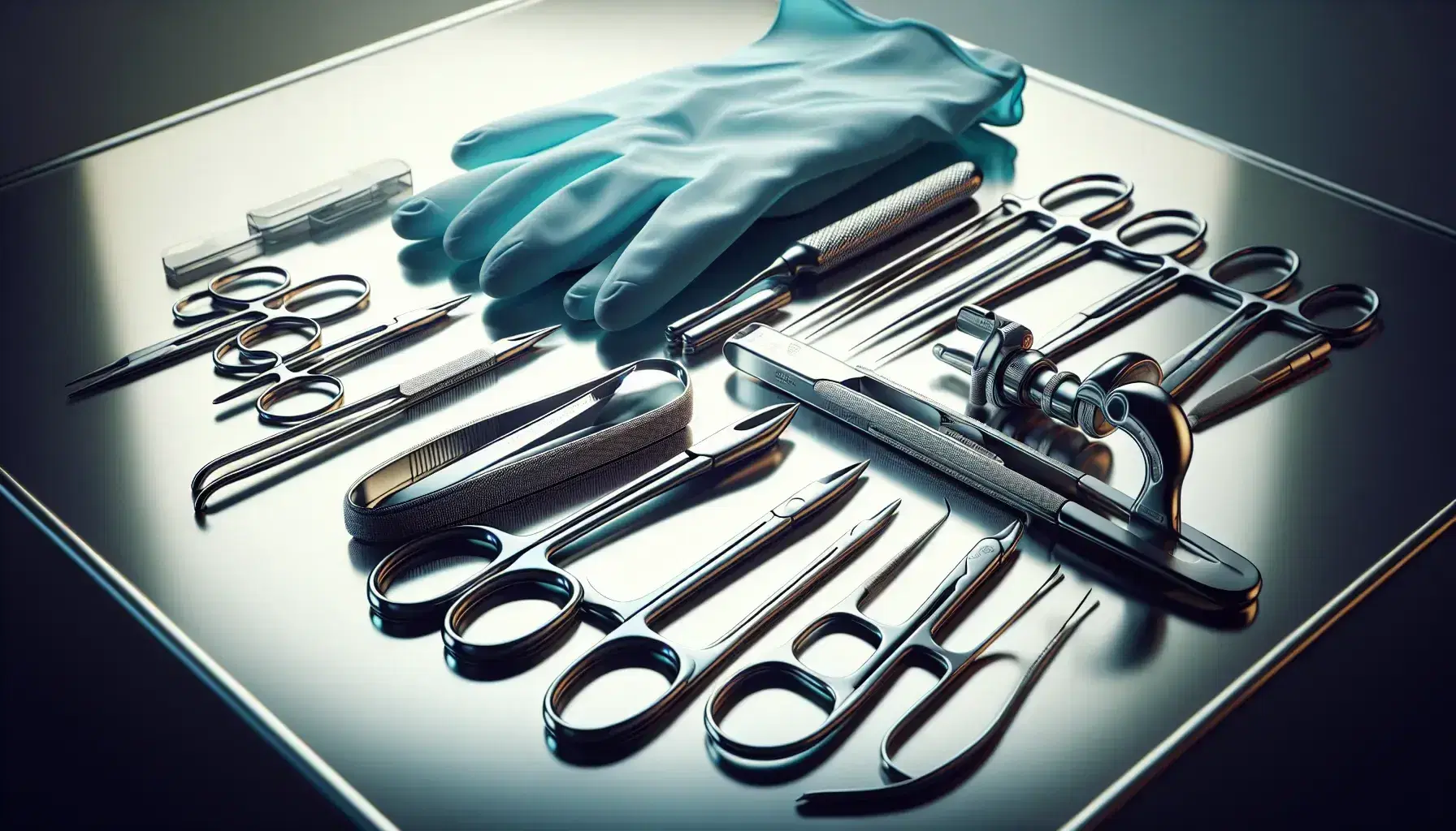 Conjunto de instrumentos quirúrgicos esterilizados sobre superficie de acero, incluyendo guantes de látex azules, escalpelo, tijeras quirúrgicas y pinza hemostática.