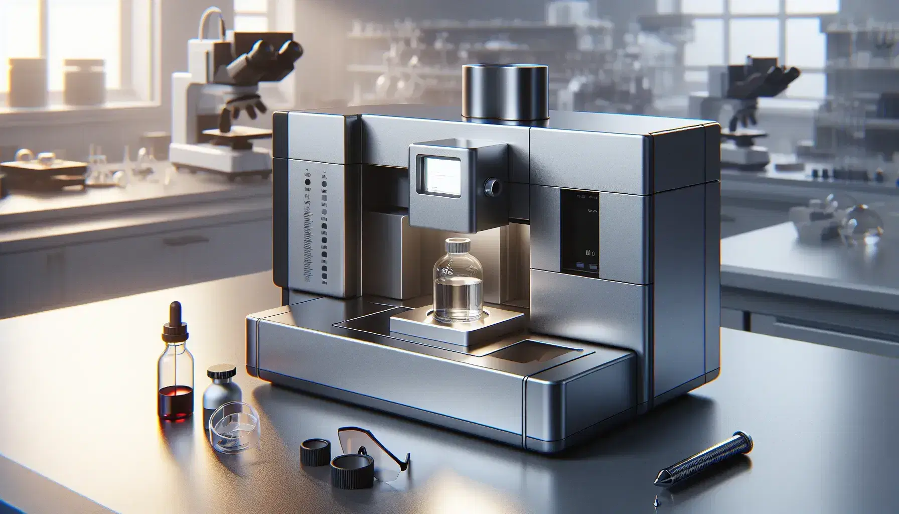 Modern infrared spectrometer on laboratory bench with transparent vial, black safety gloves and protective glasses, blurred laboratory background.