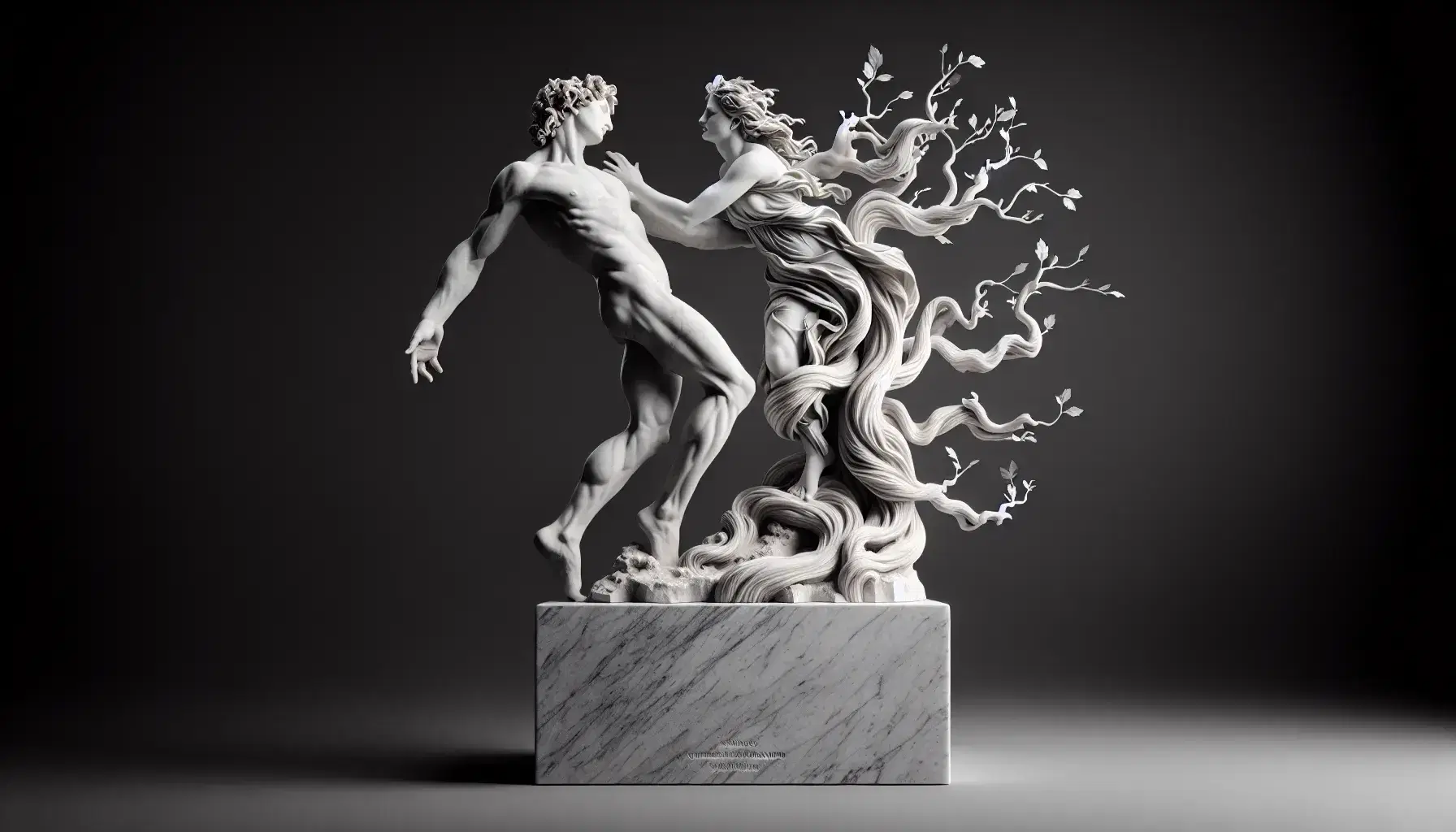 Scultura in marmo bianco raffigurante figura maschile muscolosa che si rivolge verso una femminile in trasformazione in albero, con dettagli anatomici e vegetali.