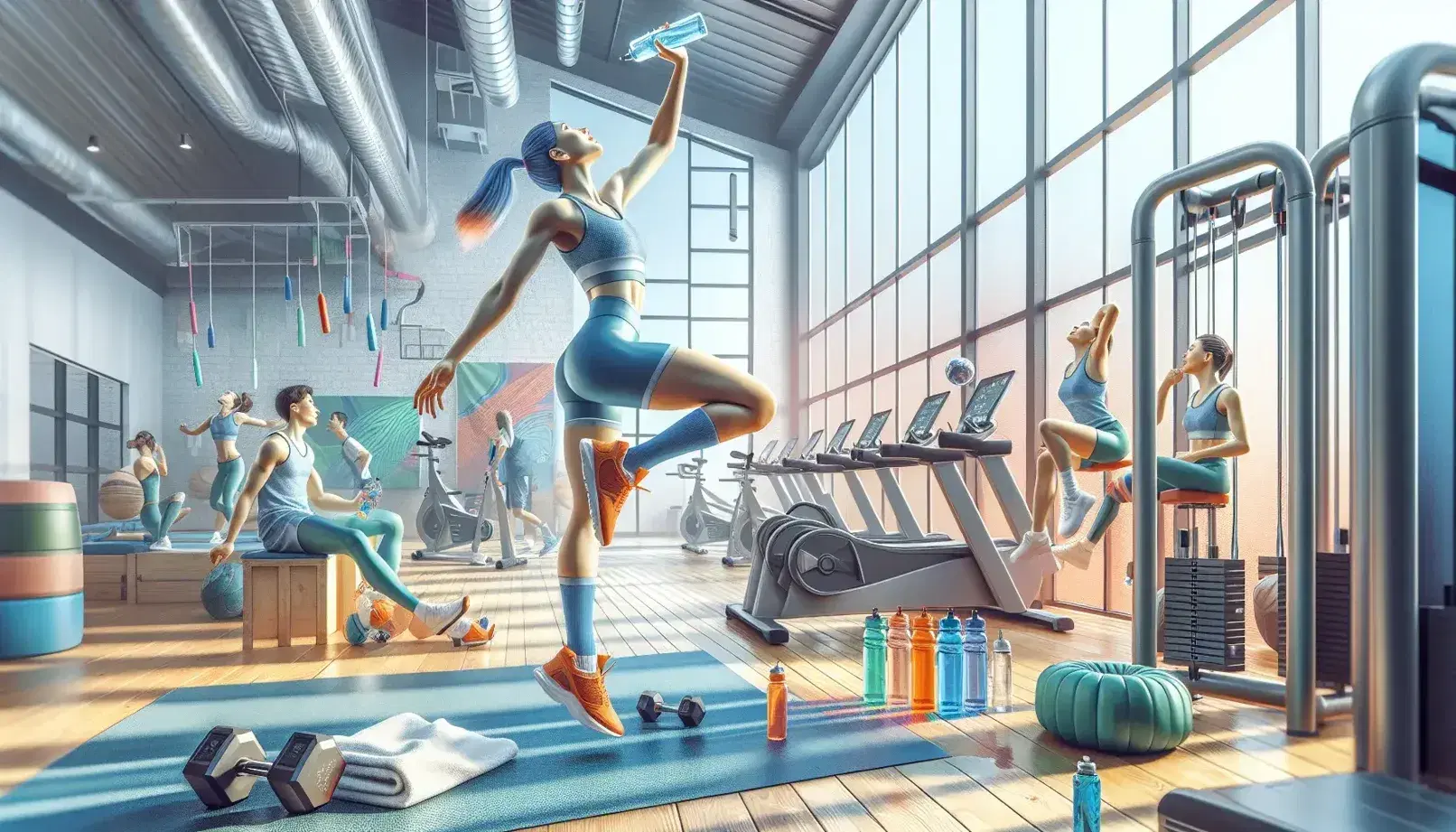 Persona in tenuta sportiva blu compie un salto dinamico in palestra moderna con attrezzi, compagno di allenamento a riposo e luce naturale.