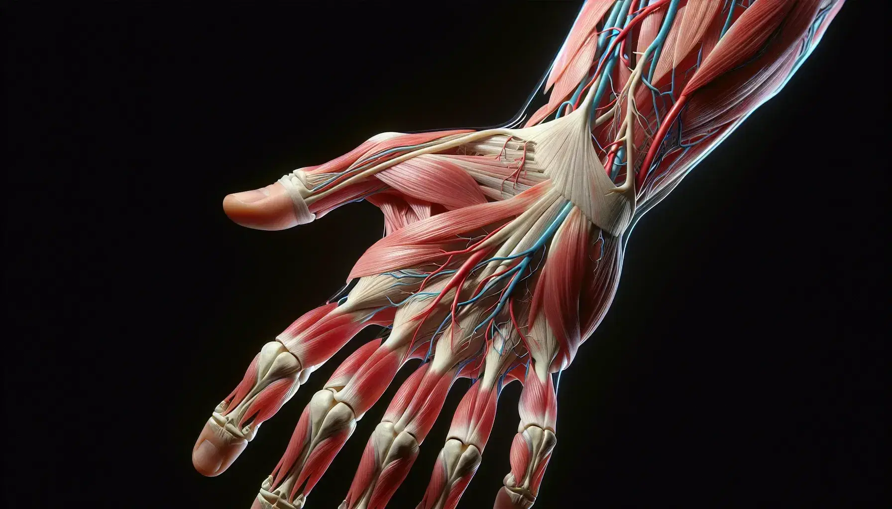 Vista anatómica detallada del antebrazo humano con músculos flexores y extensores, arterias y venas, sin fondo ni texto.
