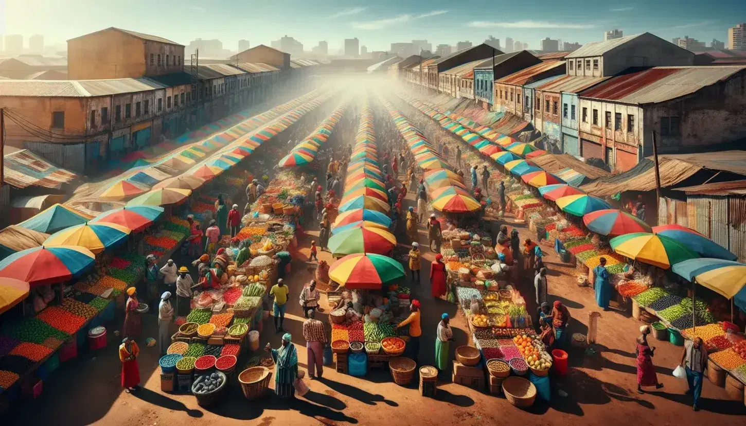 Mercato all'aperto in città sudafricana con bancarelle colorate e varietà di frutta e verdura, persone che interagiscono sotto un cielo azzurro.