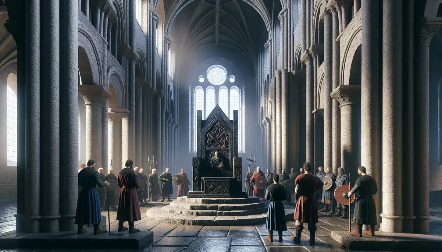 Interno di cattedrale romanica con trono ligneo scolpito, gruppo di figure in abiti medievali e simboli di potere regale sotto luce filtrante da finestre ad arco.