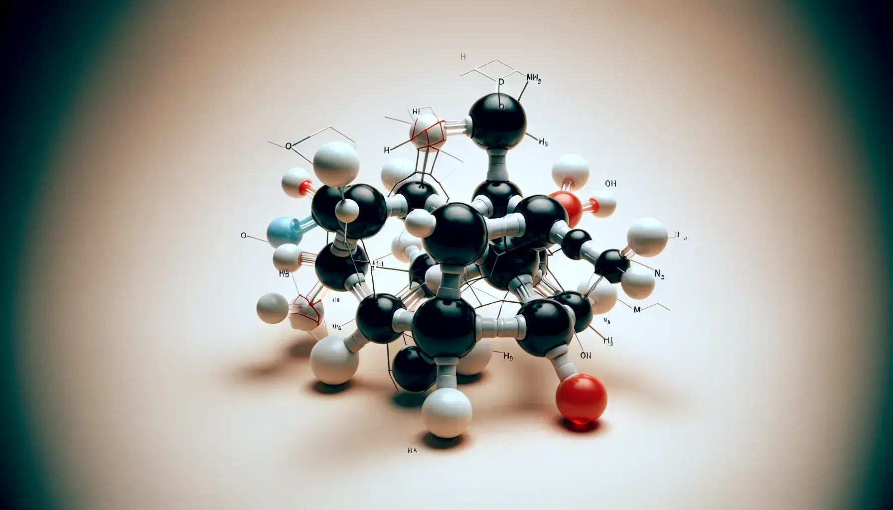 3D molecular model of an amino acid with central carbon, amino group, carboxyl and R side chain, on neutral background.