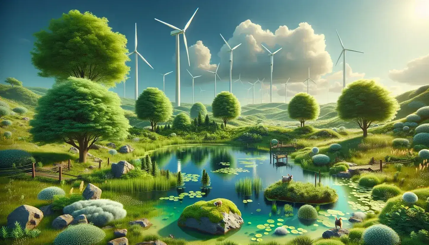 Paisaje natural con árboles frondosos, un estanque claro, rocas musgosas y colinas con aerogeneradores inactivos bajo un cielo azul.