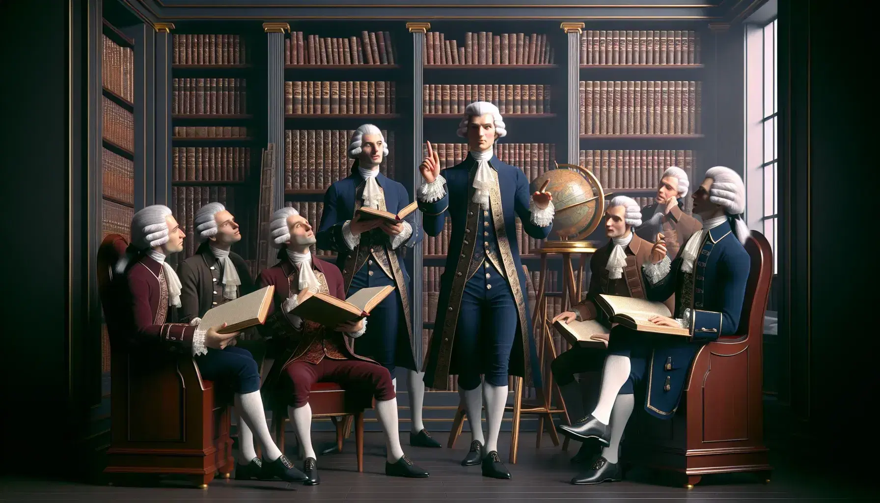 Grupo de personas del siglo XVIII en debate intelectual, con libros y globo terráqueo, en una biblioteca de época iluminada suavemente.