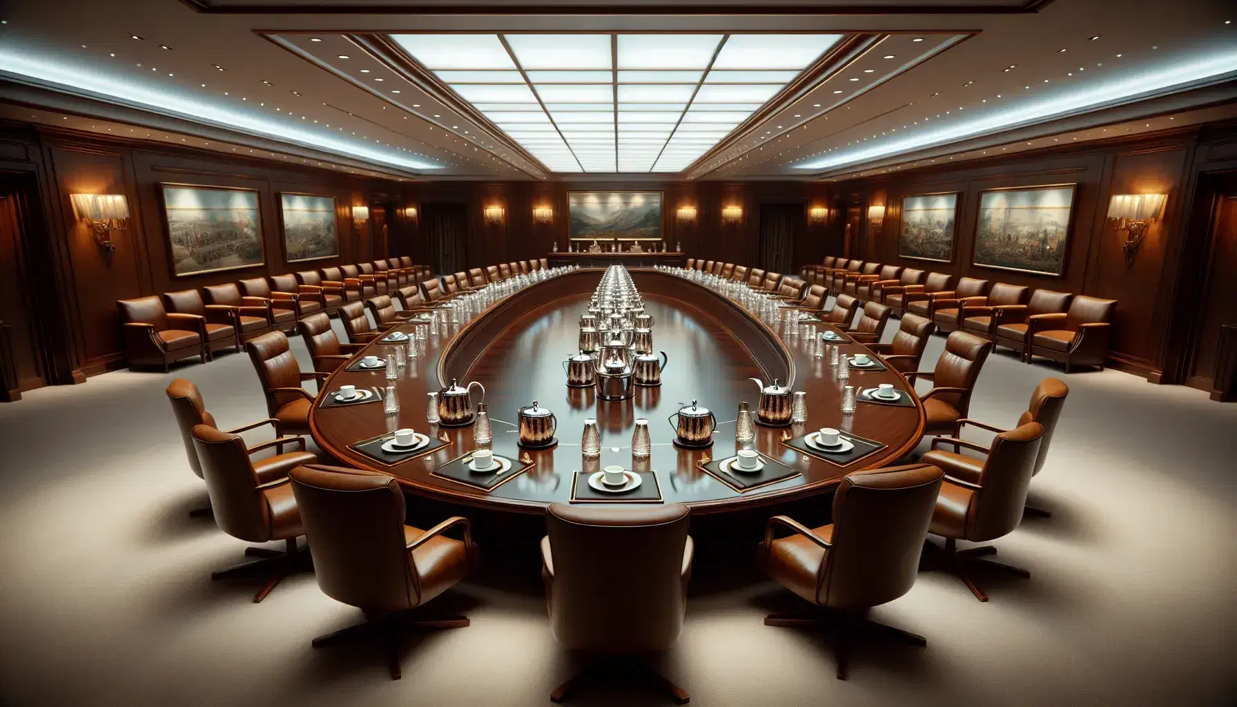 Elegant diplomatic meeting room with a large oval wooden table, high-backed leather chairs, water pitchers, coffee cups, and abstract art on the walls.