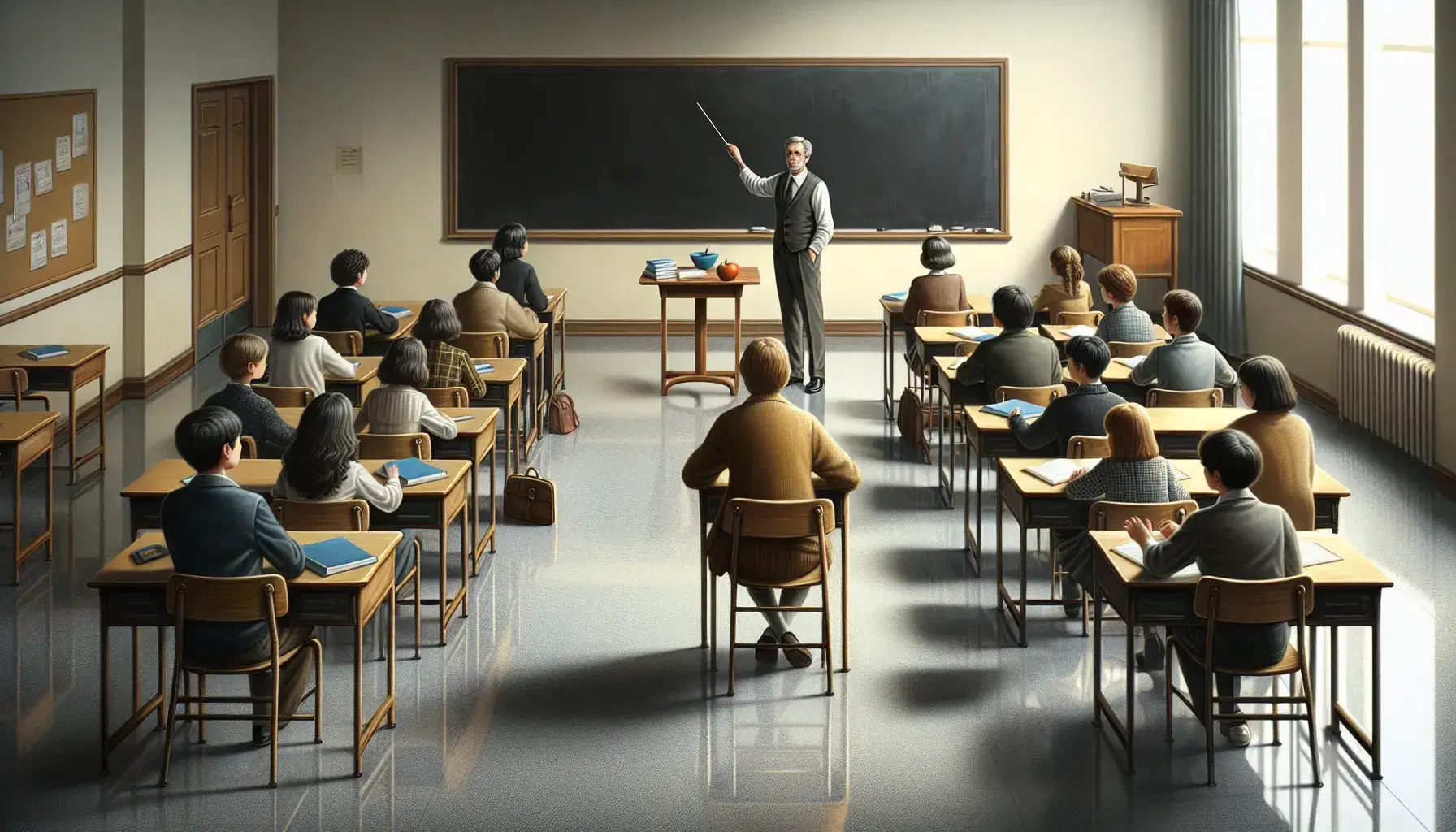 Language learning classroom with students seated in a semi-circle focused on a middle-aged teacher by a blackboard, fostering an engaging discussion.