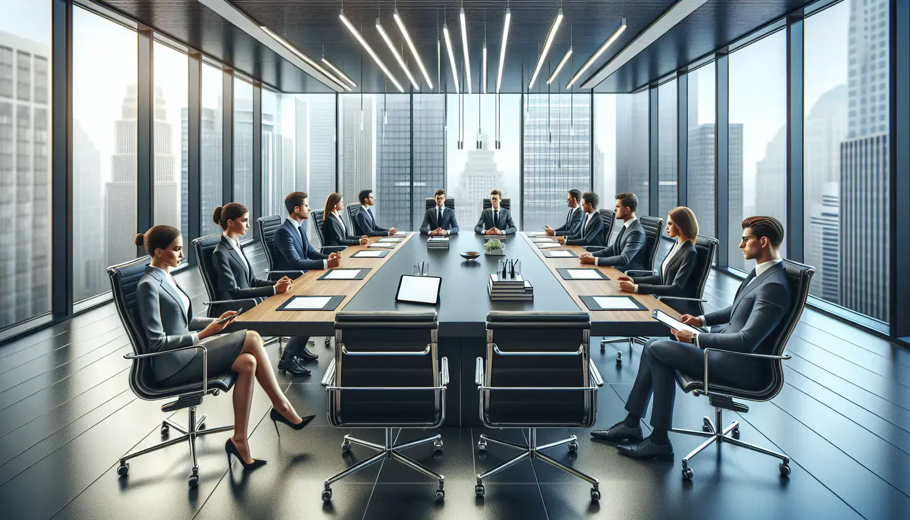 Modern corporate meeting room with diverse professionals seated at a long table, digital devices at hand, and a cityscape visible through a large window.