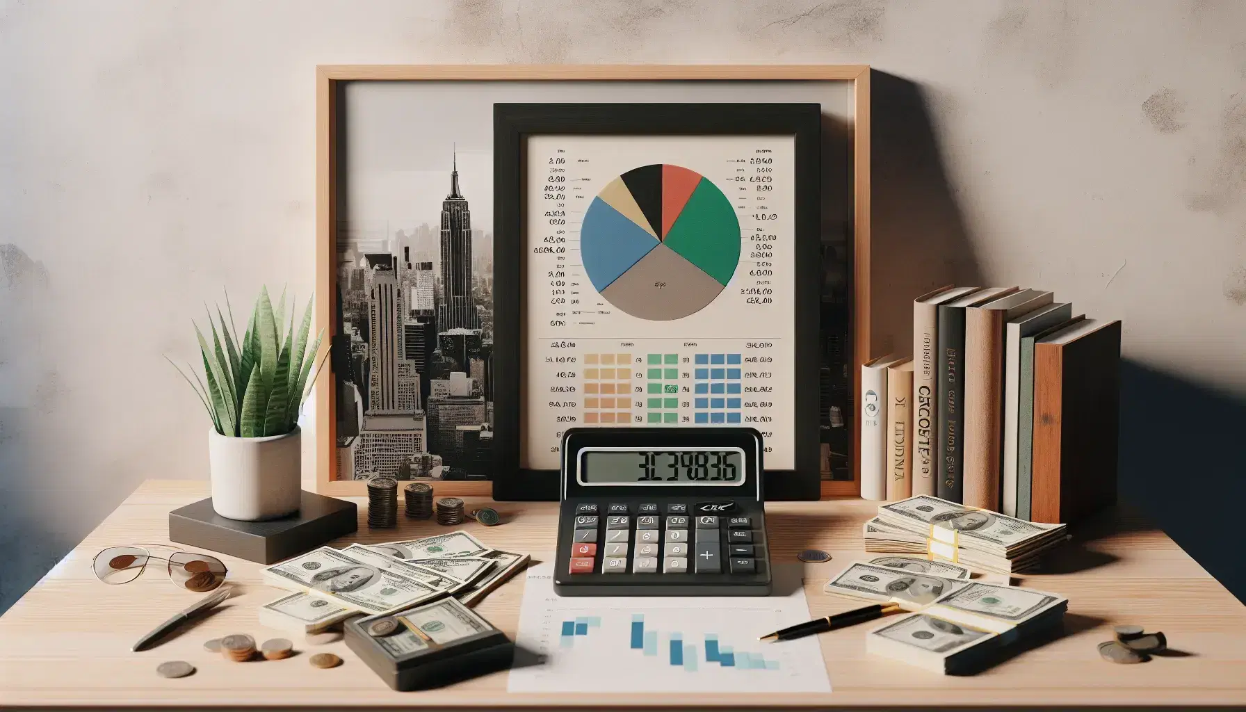 Escritorio de oficina con calculadora negra, gráfico de pastel sin texto, billetes desordenados, marco con foto urbana en blanco y negro y planta verde.