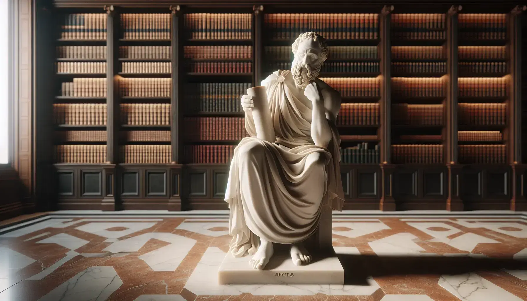 Estatua de mármol blanco de filósofo de la antigüedad clásica con pergamino, mano alzada y expresión pensativa, ante biblioteca con libros encuadernados.