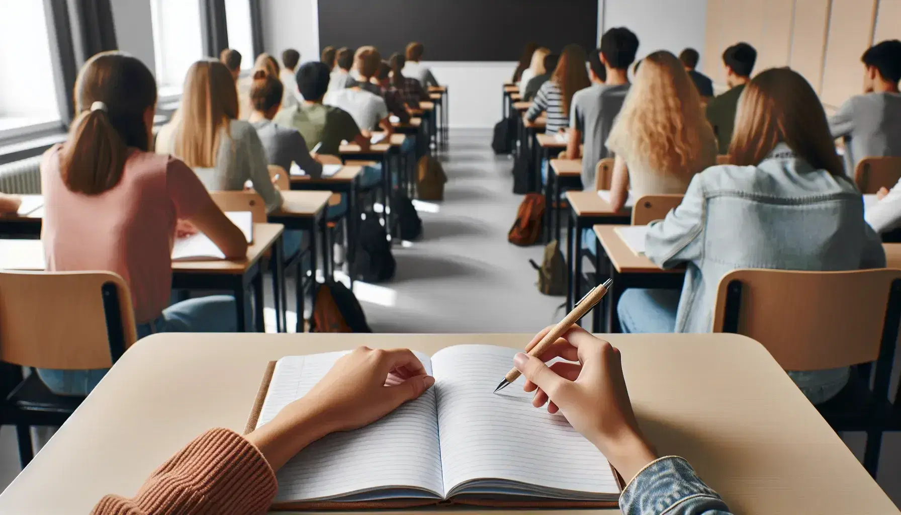 Diverse students seated at desks with notebooks in a well-lit classroom, focusing on their work with a blank chalkboard in the background.