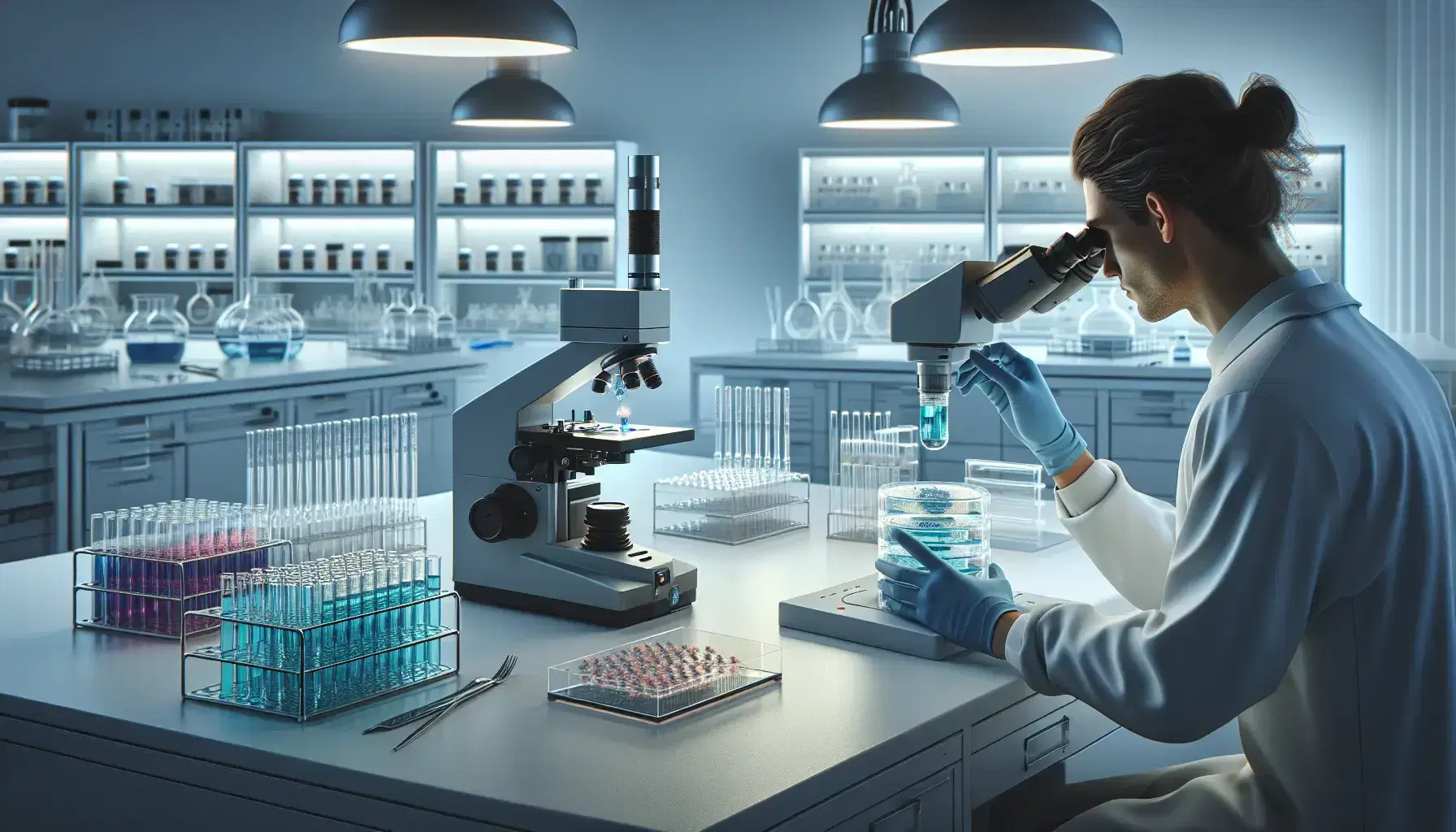 Laboratorio di ricerca biologica moderno con microscopio elettronico, provette colorate, ricercatore che analizza una piastra di Petri e strumenti di precisione.