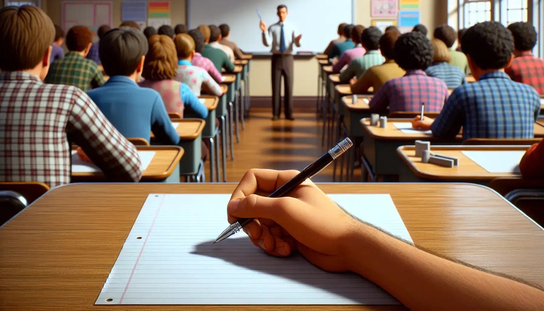 Diverse students in a classroom with a focused student holding a pen over blank paper, teacher gesturing by whiteboard, bright lighting.