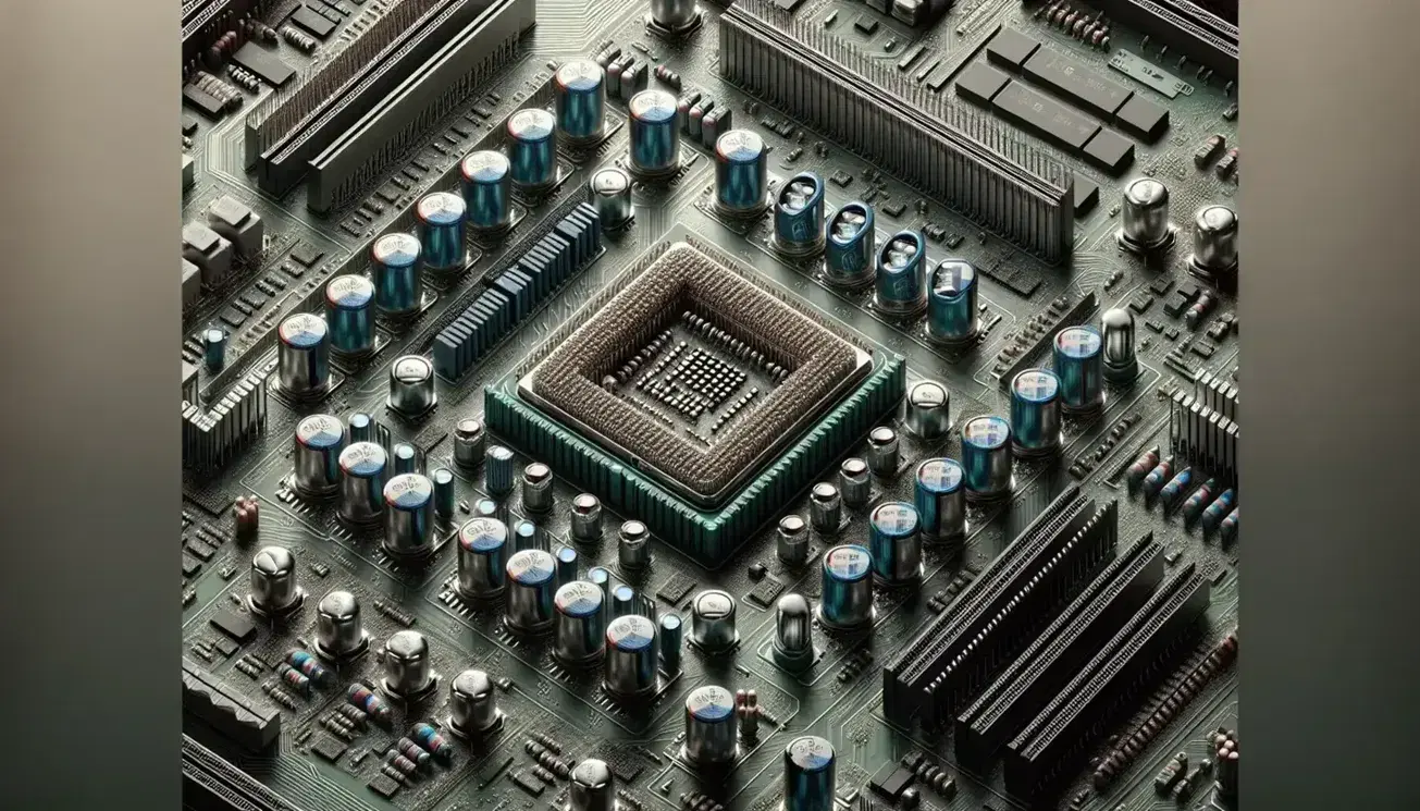 Close-up of a computer motherboard with CPU socket, RAM slot, capacitors, resistors and expansion slots on blurred background.